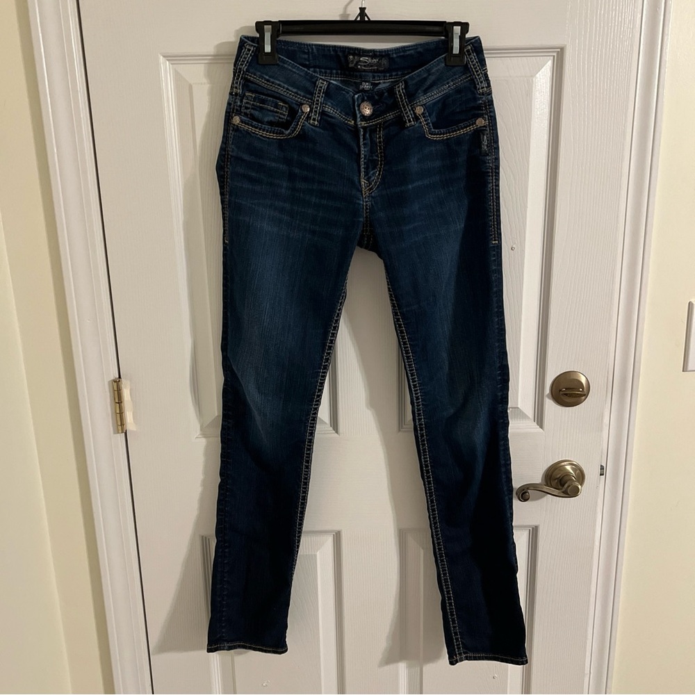 Silver jeans women’s size 29x31 (8)straight leg dark wash stretch mid rise